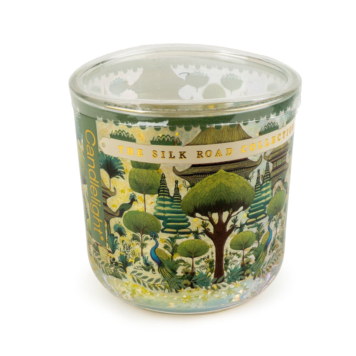 Candlelight Silk Road Collection Bukhara LED candle in printed glass holder featuring peacock and tree illustrations