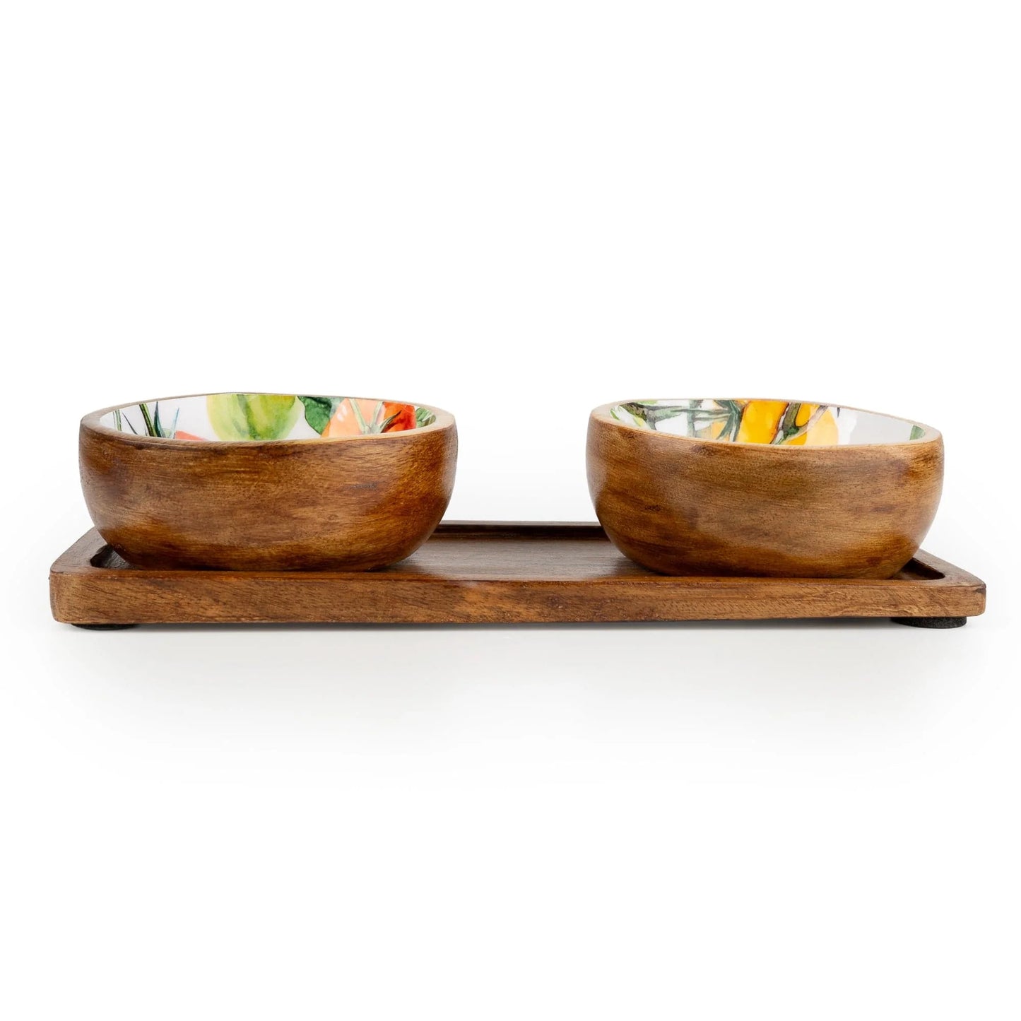 Candlelight Tomatoes Mango Wood Round Dipping Bowls & Square Tray Set