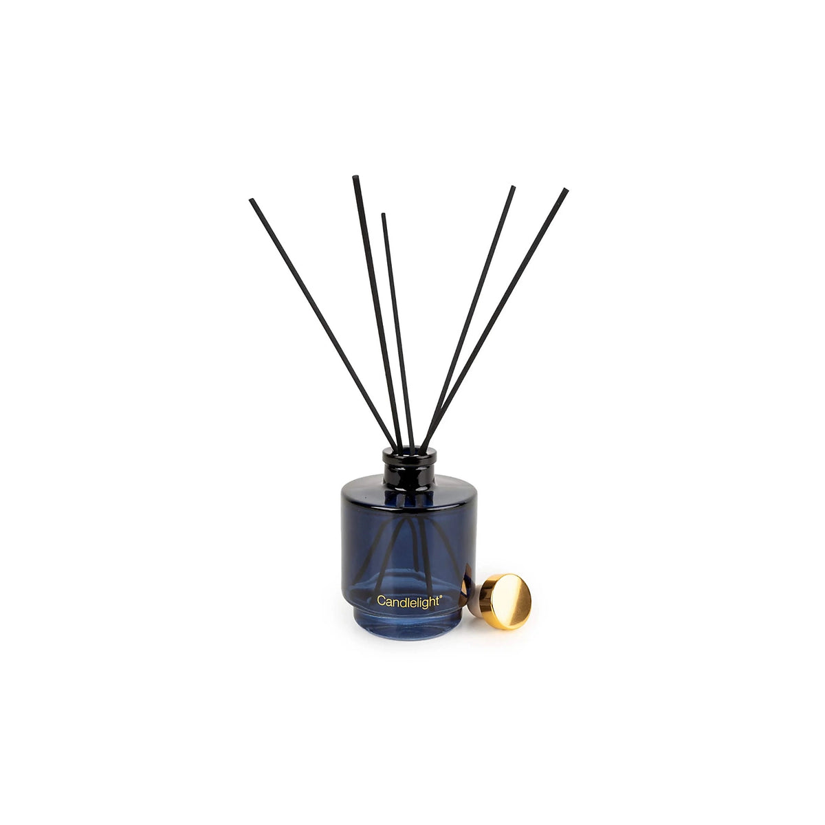 Candlelight Wild Cranberry and Juniper 200ml reed diffuser in blue glass bottle with black reeds and botanical box