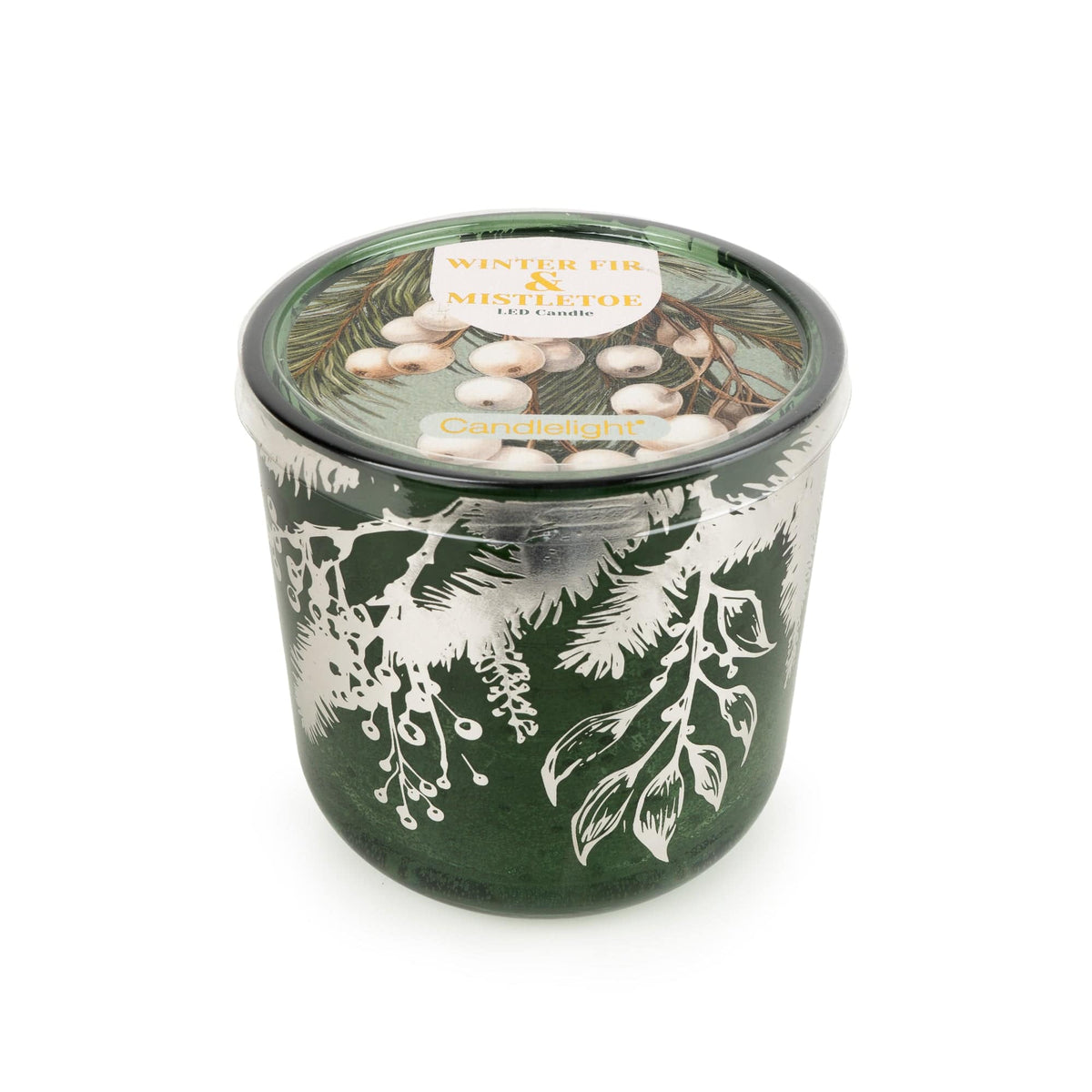 Candlelight Winter Fir and Mistletoe LED candle in a deep green glass vessel with silver botanical illustrations