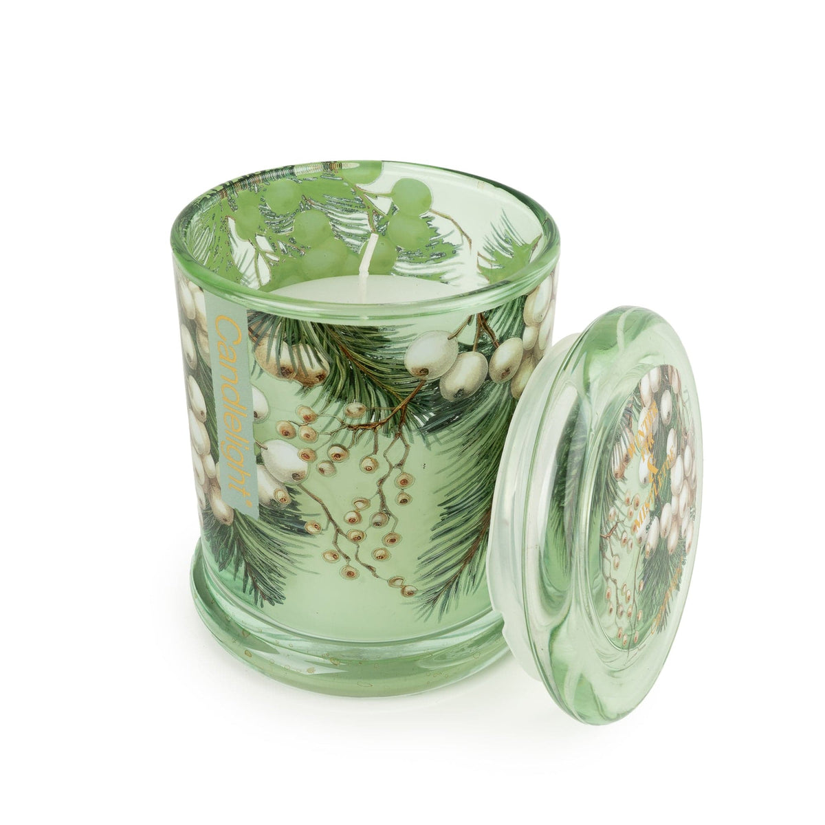 Candlelight Winter Fir & Mistletoe large green glass jar candle with matching lidded top and botanical pine needle artwork