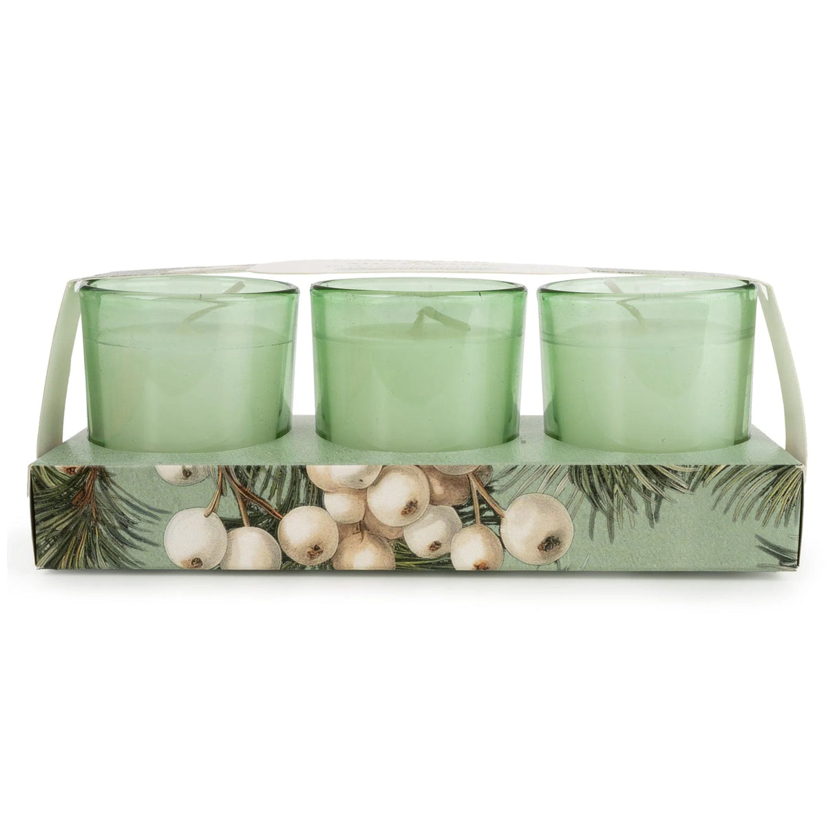 Candlelight Winter Fir and Mistletoe set of 3 mini votive candles in green glass holders presented in illustrated packaging