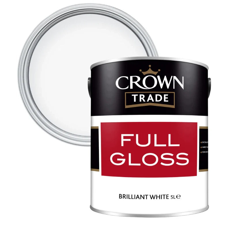 5 Litre tin of Crown Trade Full Gloss paint in Brilliant White for interior and exterior wood and metalwork