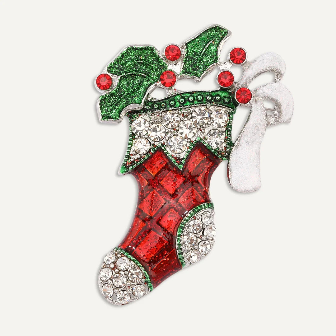 D&X Silver-Tone Plated Christmas Stocking Pin Brooch