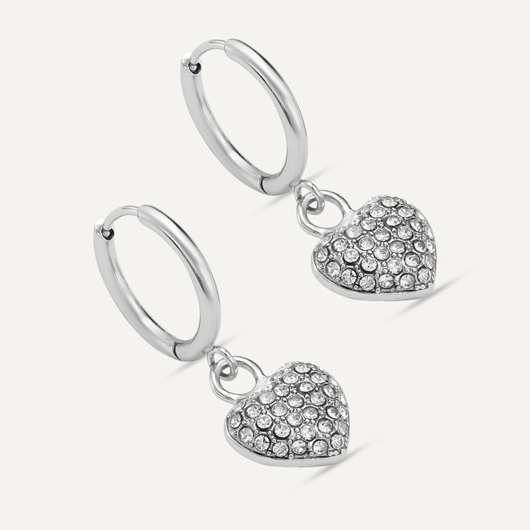 D&X Vibes White Gold Plated Stainless Steel Crystal Heart Charm Post Earrings