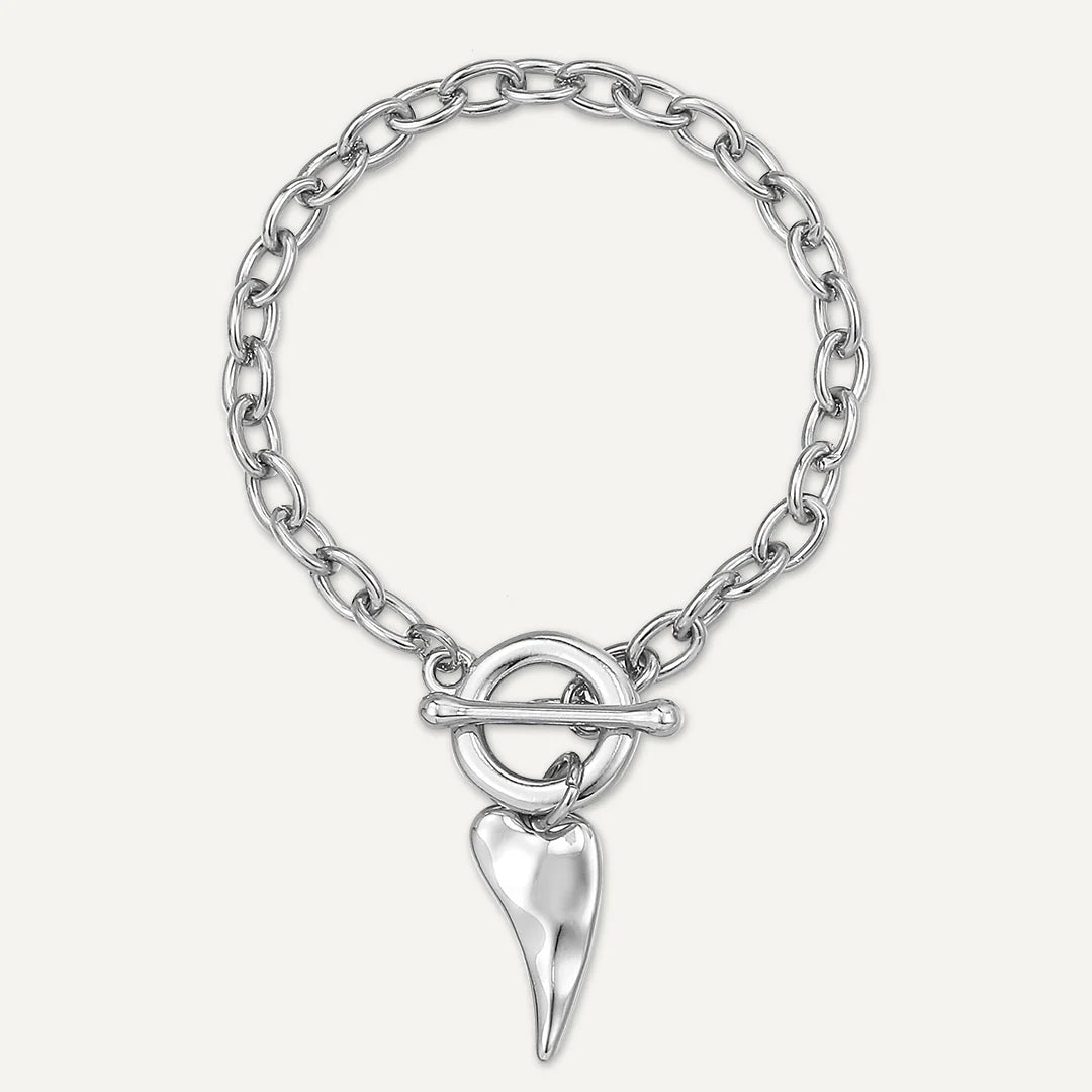 D&X Silver-Tone Plated Hammered Heart Charm T-Bar Bracelet