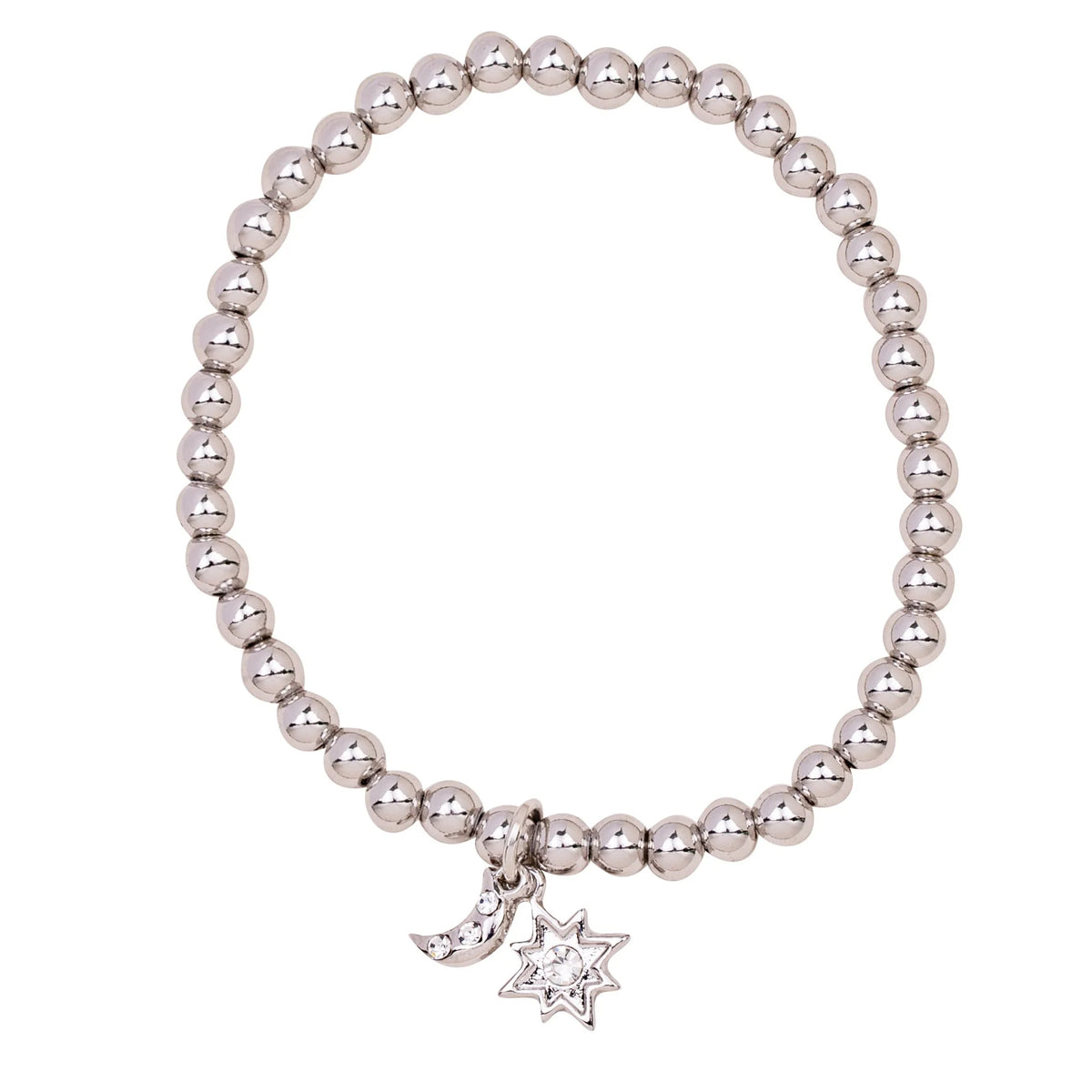 D&X Vibes White Gold Plated Stainless Steel Moon & Star Charm Elasticated Bracelet