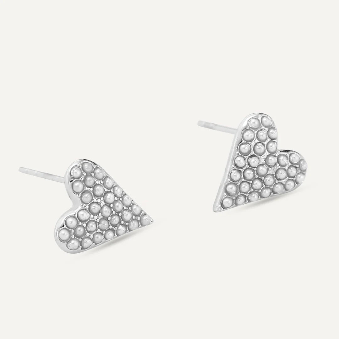 D&X Vibes White Gold Plated Stainless Steel Pearl Heart Stuf Earrings