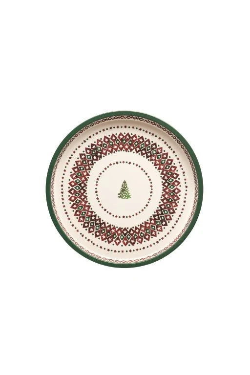 Top view of the Emma Bridgewater Christmas Joy round deep well tray with central Christmas tree and star border.