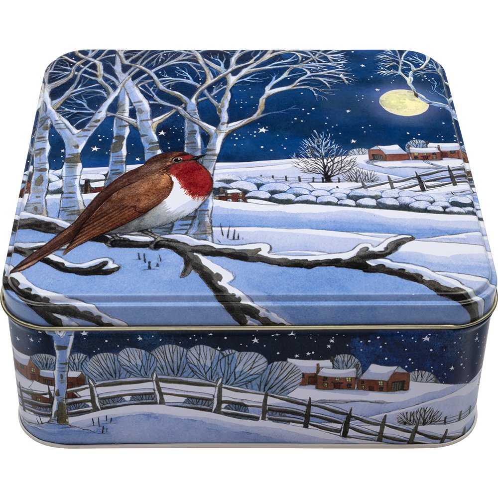 Emma Bridgewater Midnight Robin large square metal tin with a winter scene of a robin on a branch at night.
