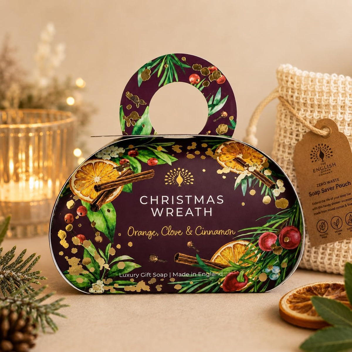 The English Soap Company Festive Collection Christmas Wreath 260g soap bar in gift box packaging