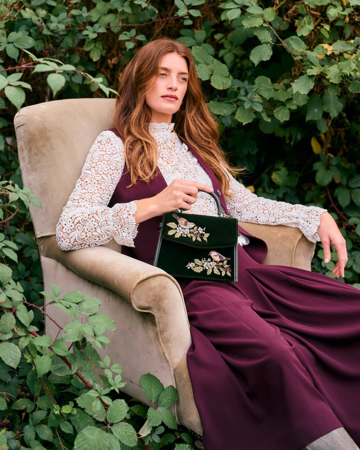 Fable Eliza Wren Embroidered Top Handle Bag in Green Velvet featuring wren bird and blossom embroidery