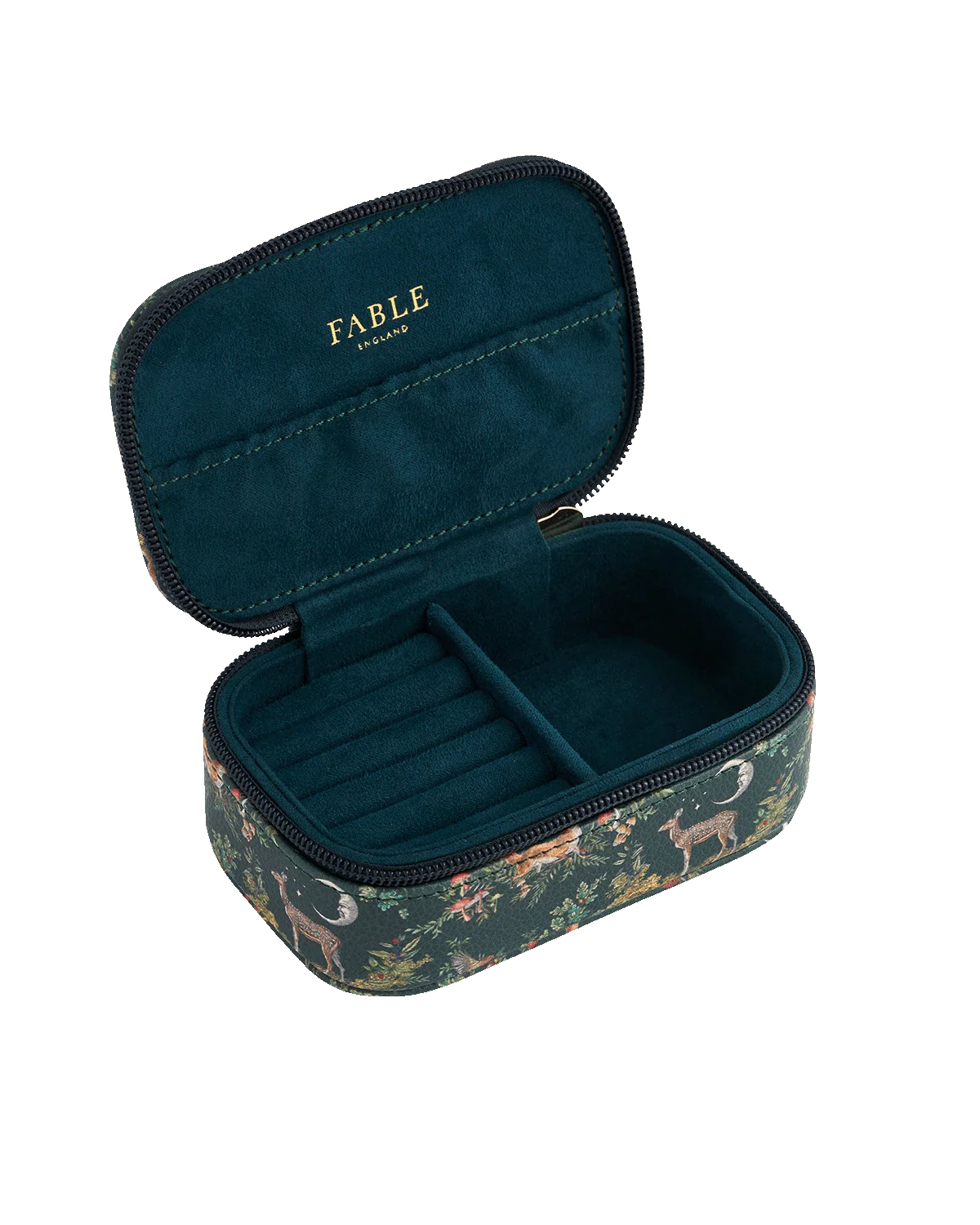 Fable Into the Woods Small Jewellery Box in woodland green faux leather with printed fox design and gold bee plaque
