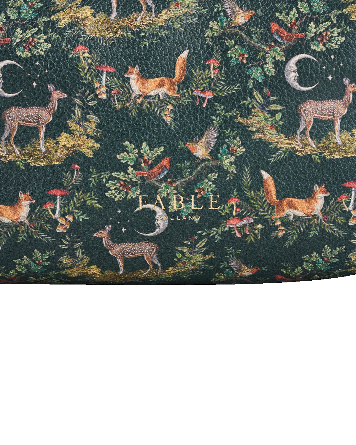 Fable Into the Woods Small Cosmetic Pouch in woodland green faux leather with printed fox and deer design