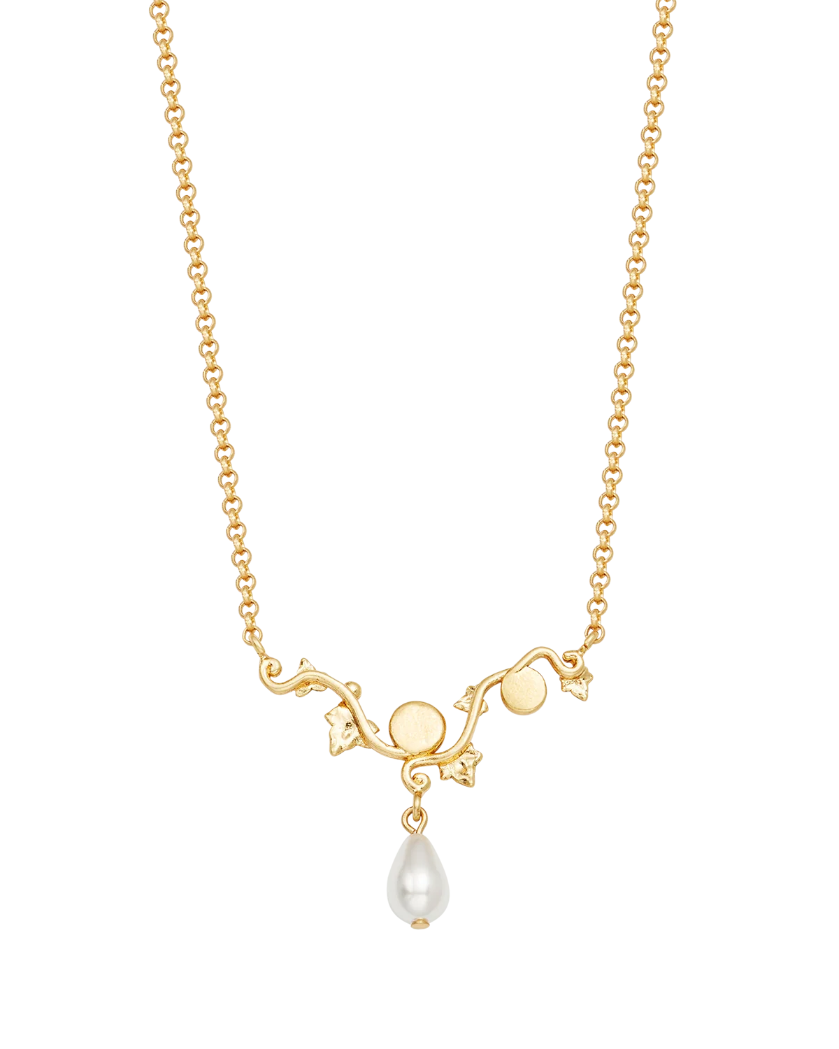 Fable Ivy & Pearl Necklace in Gold featuring hand-painted ivy leaves and a teardrop glass pearl