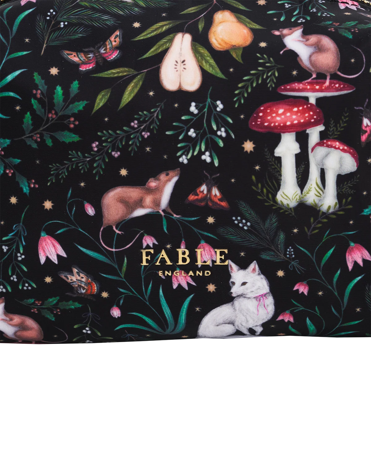 Fable Niva Print Cosmetic Pouch in black and forest green featuring Catherine Rowe woodland animal illustrations
