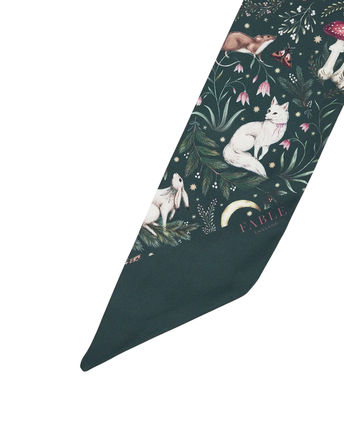 Fable Niva Skinny Scarf in Forest Green tied in hair featuring Catherine Rowe woodland animal print