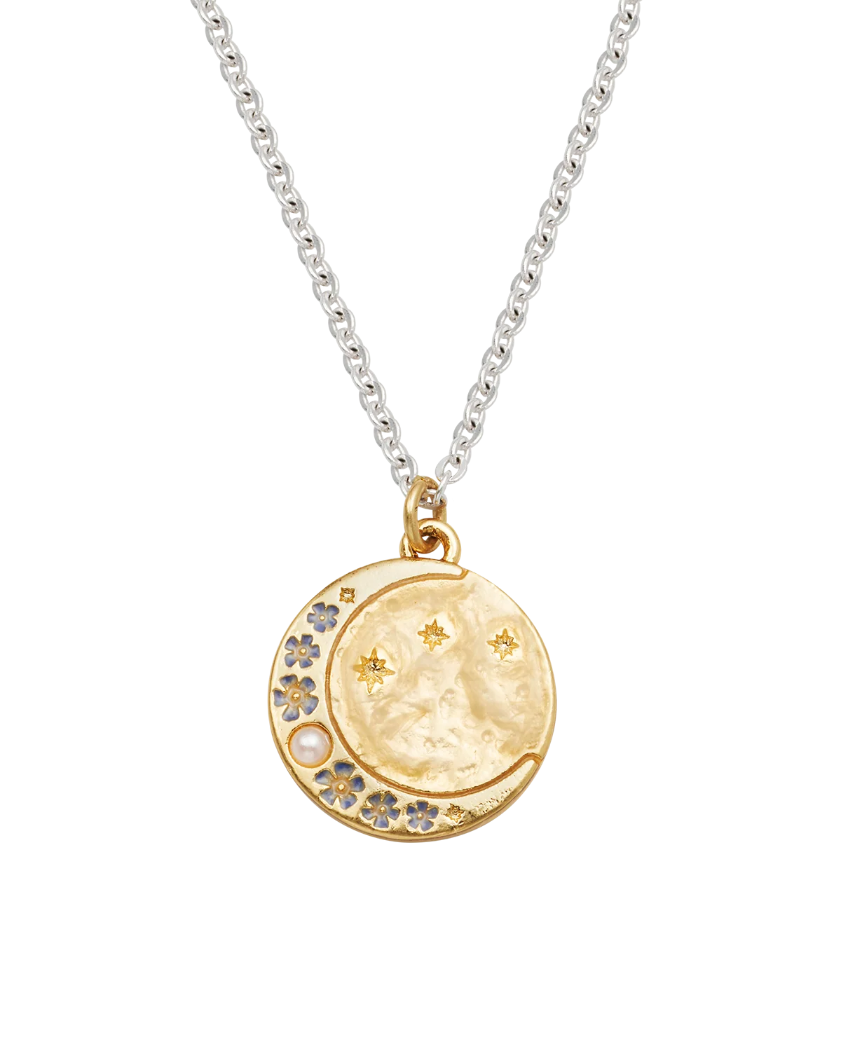 Fable Selene Moon & Periwinkle Necklace in gold-plated finish showing celestial pendant on silver chain