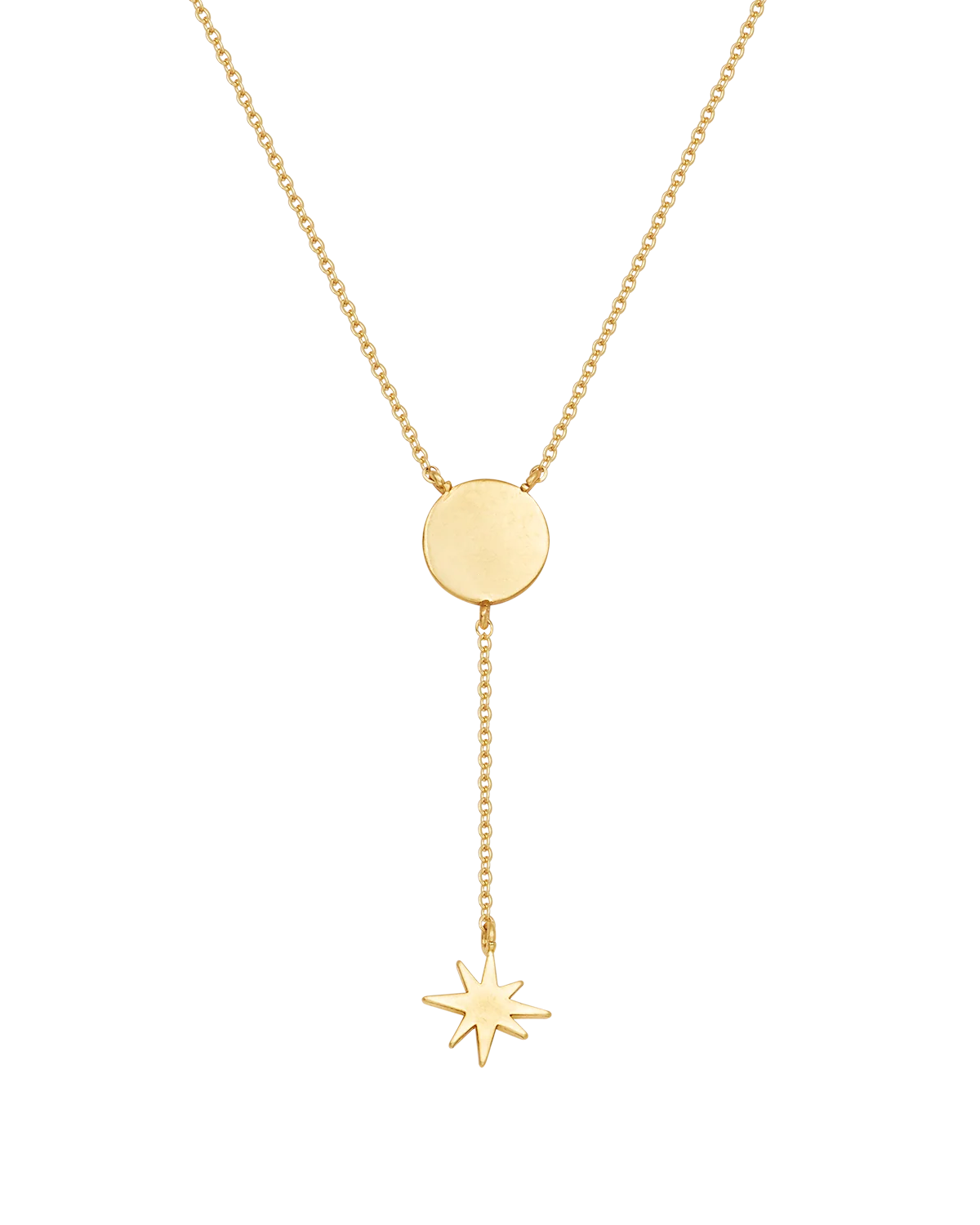 Fable Sun Lariat Necklace in Gold featuring sun pendant and star charm lariat drop