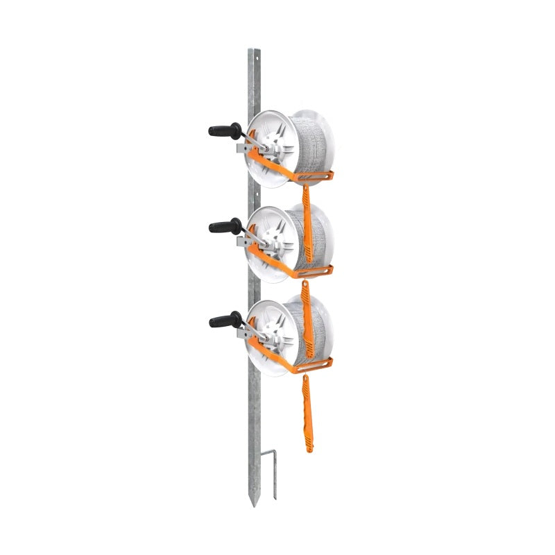 Gallagher triple geared electric fence reel stand with three reels of orange and white Vidoflex polywire mounted on a heavy-duty metal post in a field.