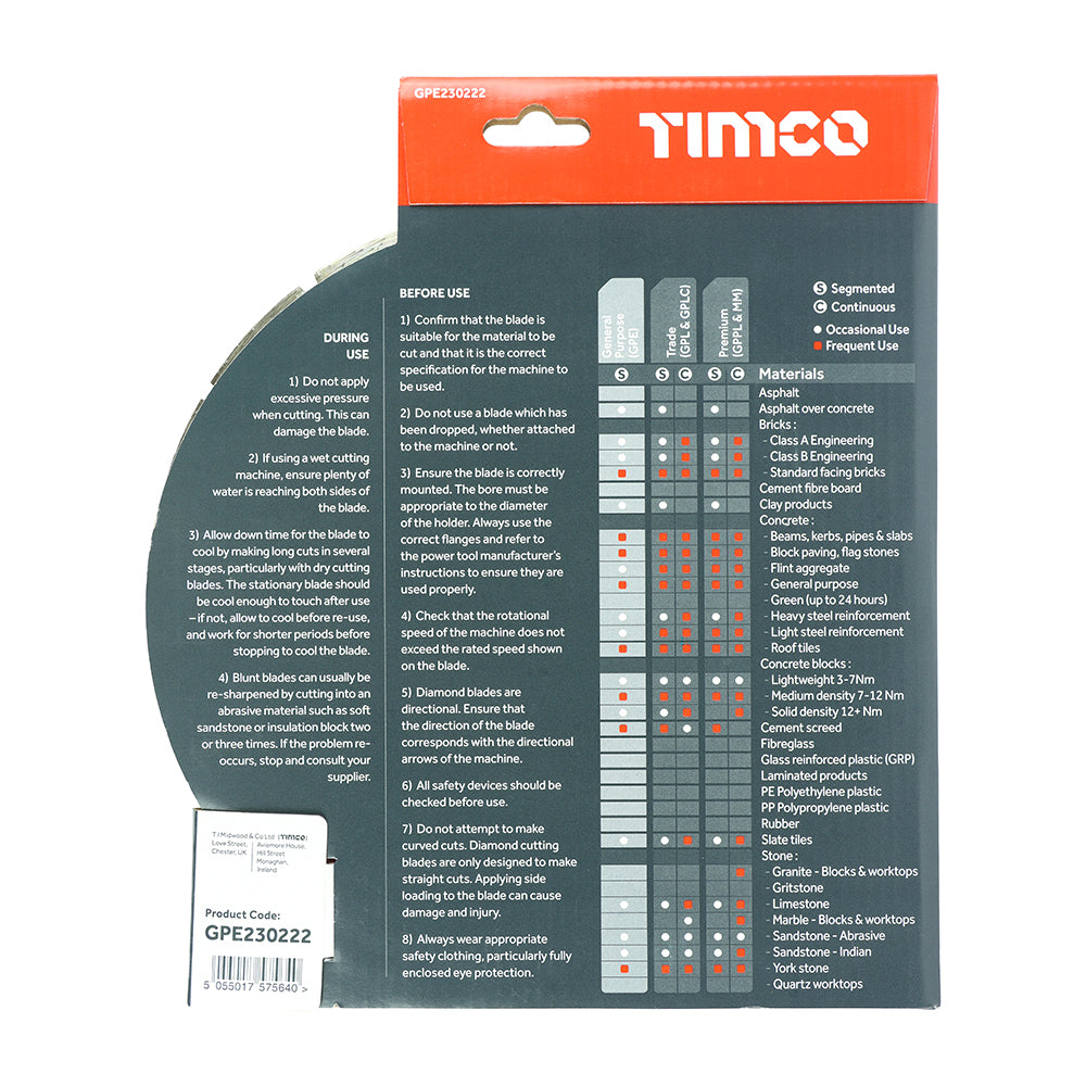 General Purpose Diamond Blade - TIMCO Segmented 230x 22.2