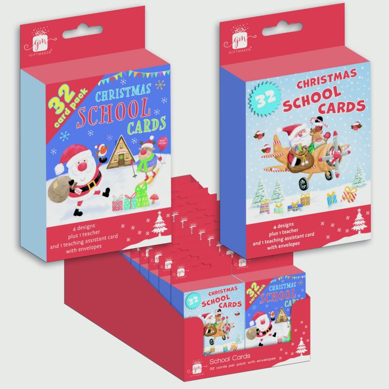 Giftmaker pack of 32 Christmas school cards featuring festive Santa designs, teacher card, and teaching assistant card.