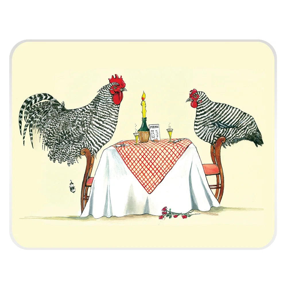 Tuftop glass worktop protector featuring Sue Podbery illustration of two chickens eating at a candlelit dinner table.