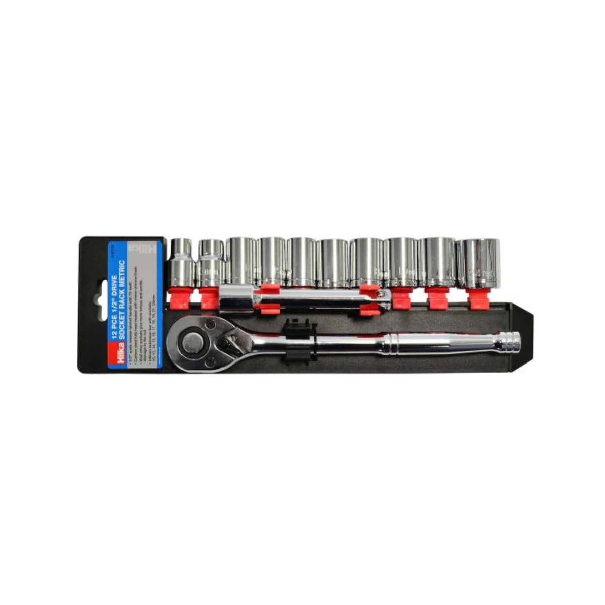 Hilka 12 piece 1/2 inch drive metric socket set mounted on a metal storage rack rail