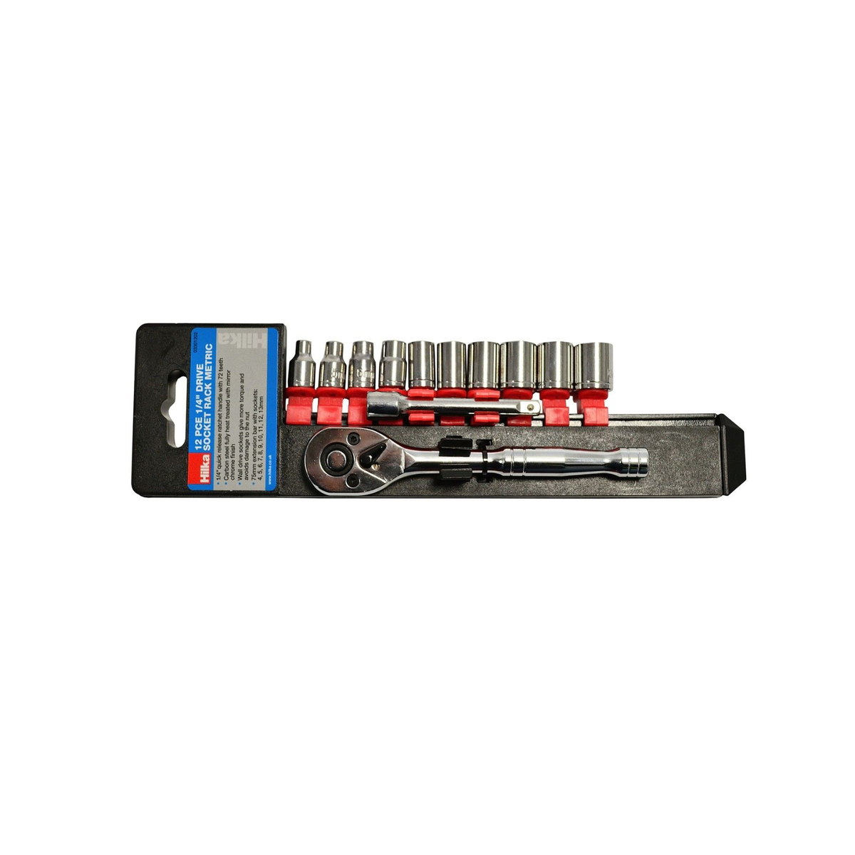 Hilka 12 piece 1/4 inch drive metric socket set mounted on a metal storage rail with ratchet and extension bar