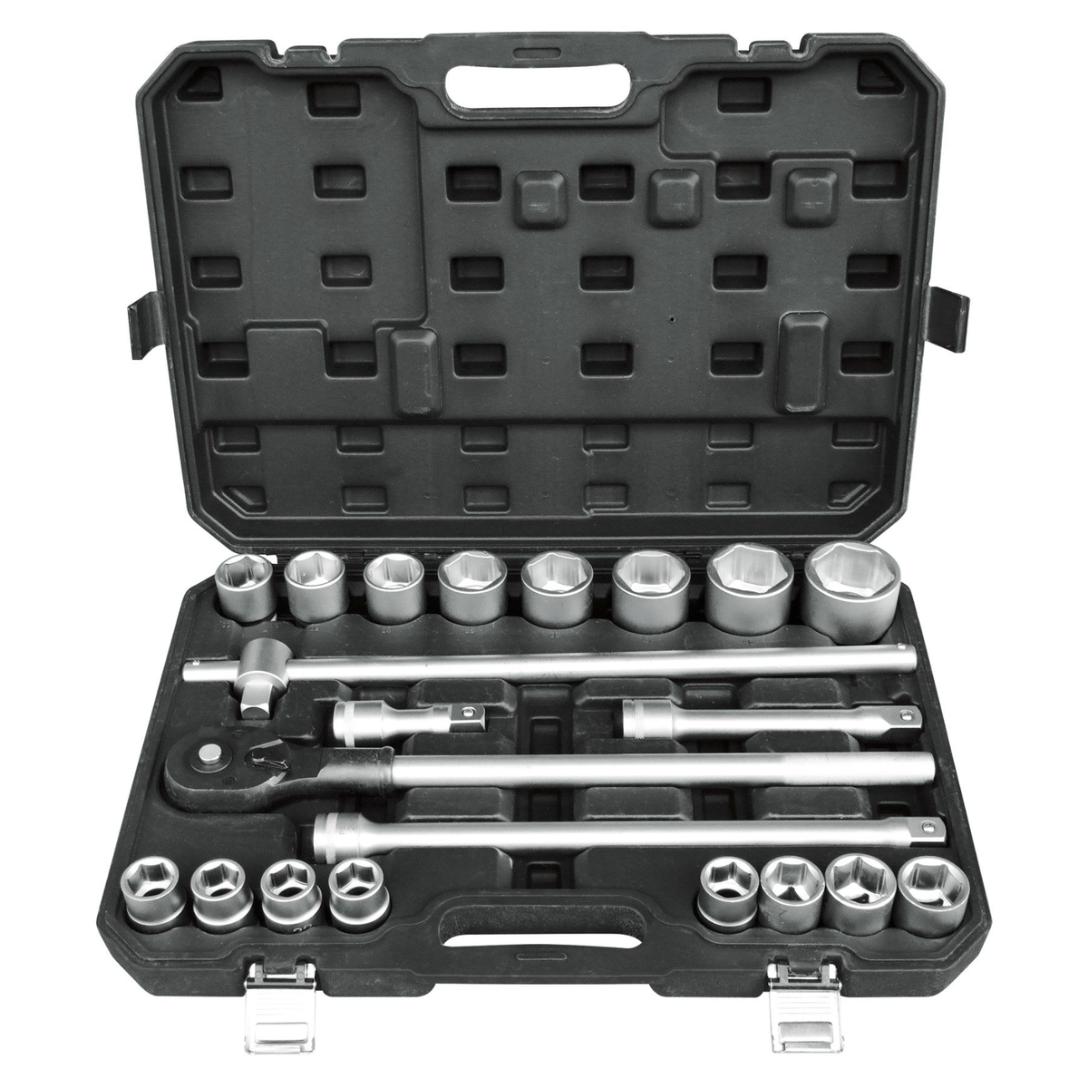 Hilka 21 piece 3/4 inch drive metric socket set arranged inside a blow moulded storage case