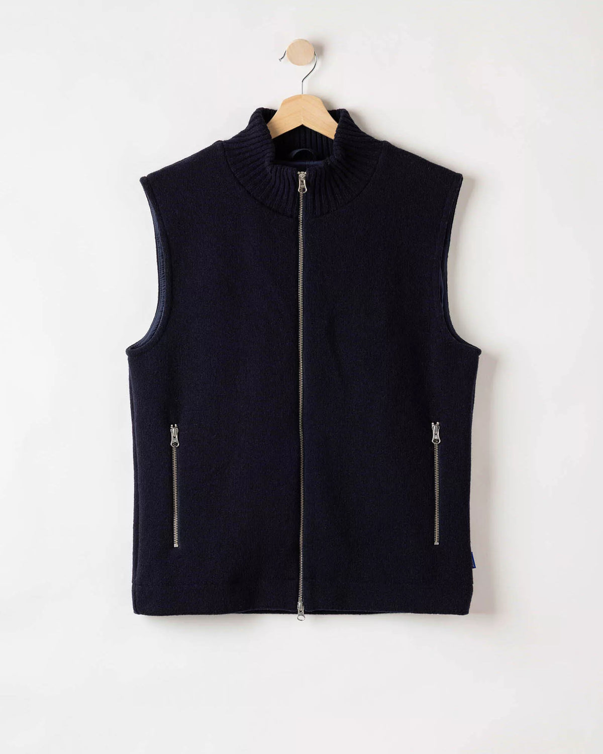 Holebrook Fred Vest WP navy blue windproof wool blend knitted gilet on model