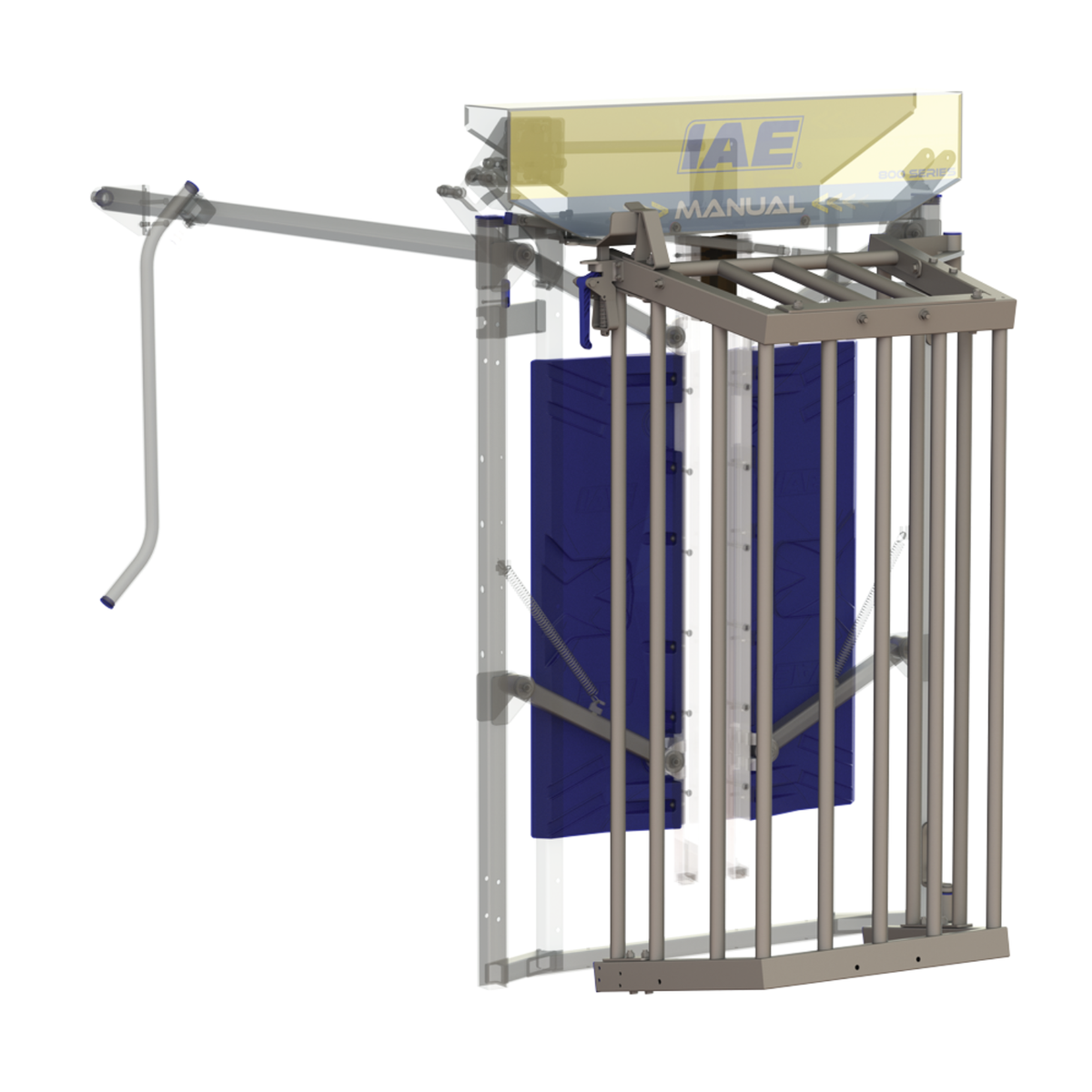 Galvanised steel IAE Front Cage 800 Series cattle crush attachment for safe livestock handling and veterinary access