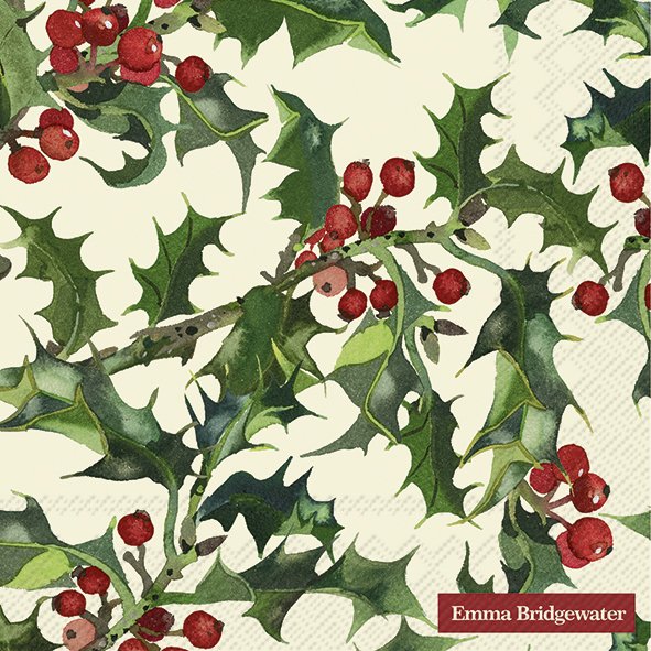 IHR Emma Bridgewater Holly Cream paper lunch napkin featuring green holly leaves and red berries on a cream background.
