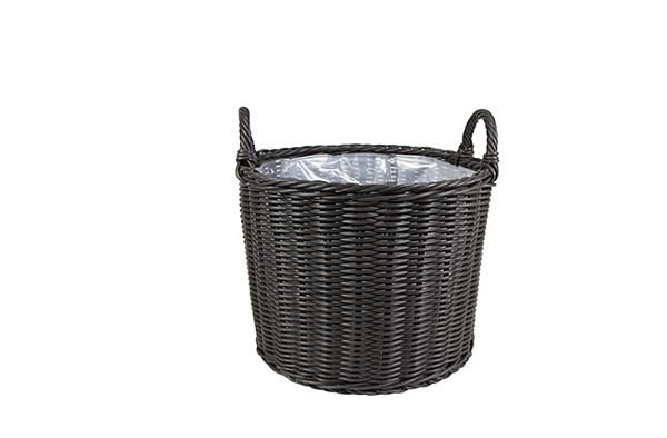 Ivyline dark willow polyrattan round woven basket planter with sturdy handles and transparent waterproof inner lining