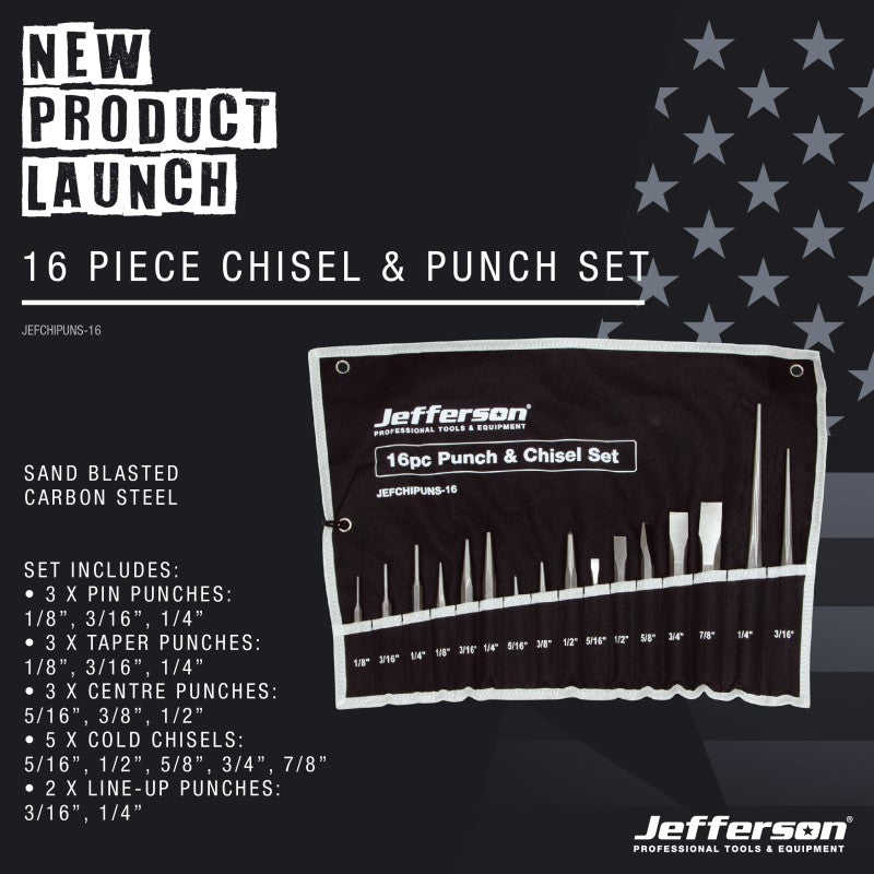 Jefferson 16 piece chrome vanadium chisel and punch set in fabric storage wallet