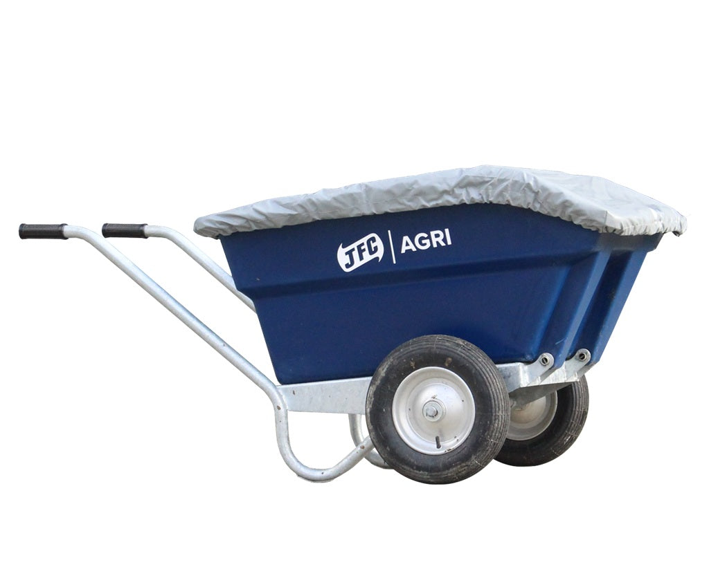 Heavy duty plastic cover with elasticated edges and support bars fitted onto a JFC TWB250 wheelbarrow.