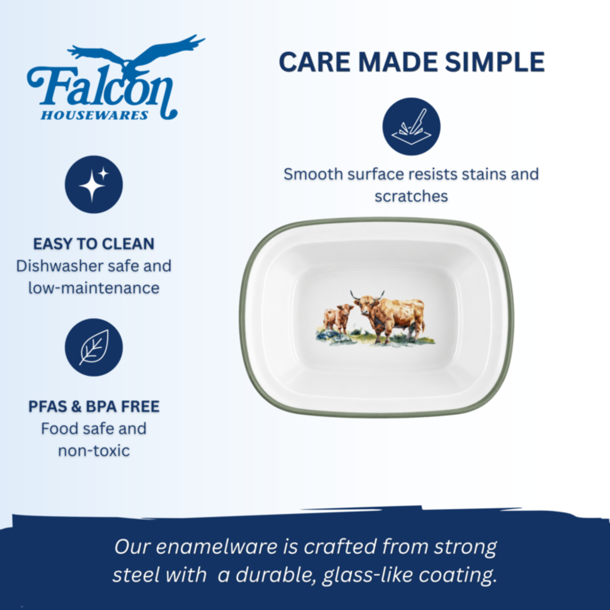 Falcon Enamel 20cm oblong pie dish featuring a black and white Highland cow illustration with classic blue rim
