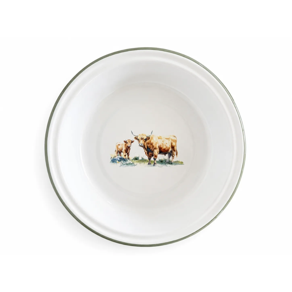 Falcon enamel white round pie dish with blue rim and Highland cow illustration