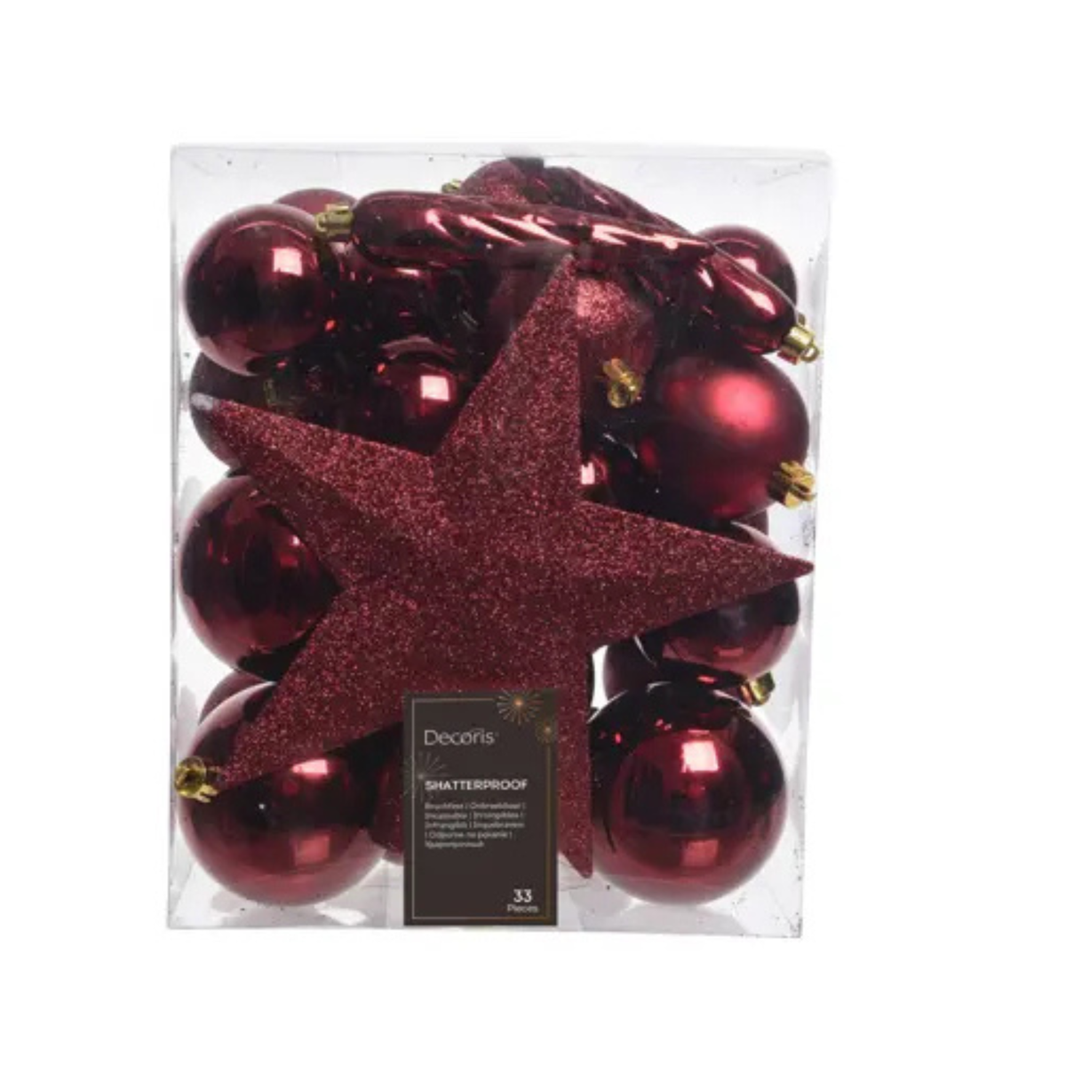 Kaemingk 33 piece dark red shatterproof Christmas bauble set featuring a glitter star tree topper, icicles, and spherical ornaments.