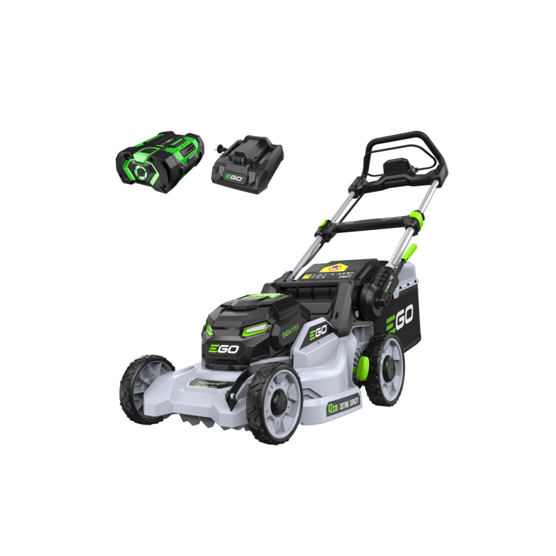 EGO LM1711E cordless push lawn mower kit featuring a 42cm polypropylene cutting deck, 55-litre grass collector, and 2.5Ah ARC Lithium battery.