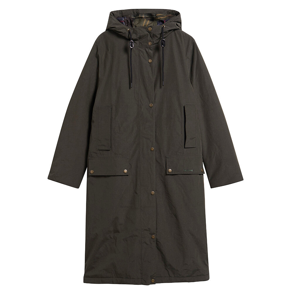 Barbour Matilde waterproof jacket with a cinched drawcord waist, leather trim, and a protective storm flap.