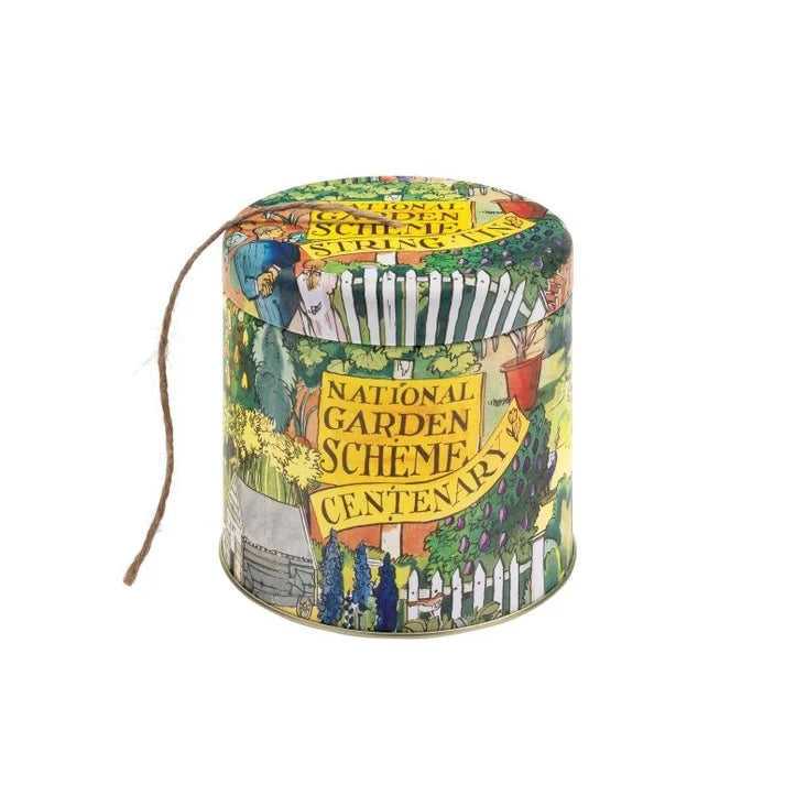 National Garden Scheme metal string tin dispenser featuring a garden illustration by Matthew Rice with twine pulling through the lid.