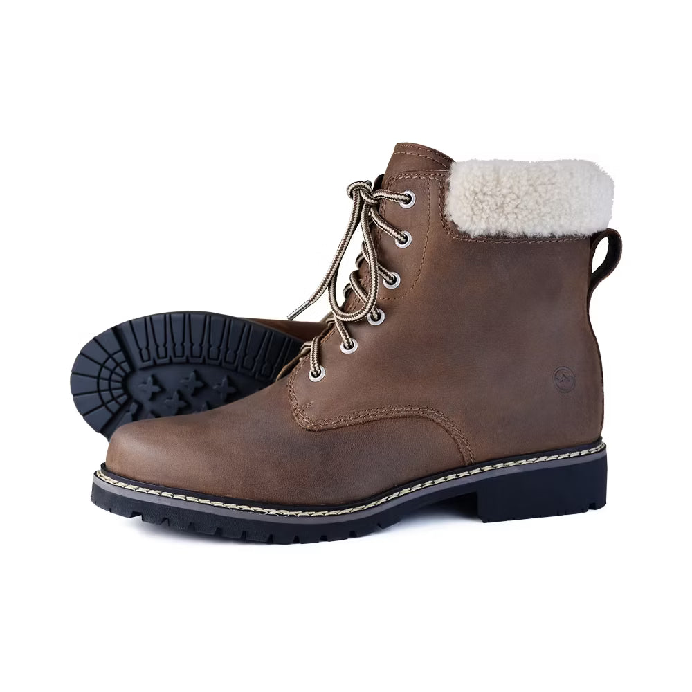Orca Bay Pennine Ankle Boots in brown oiled nubuck leather, featuring a plush sheepskin cuff, secure lace up front, and lightweight double layered rubber sole.