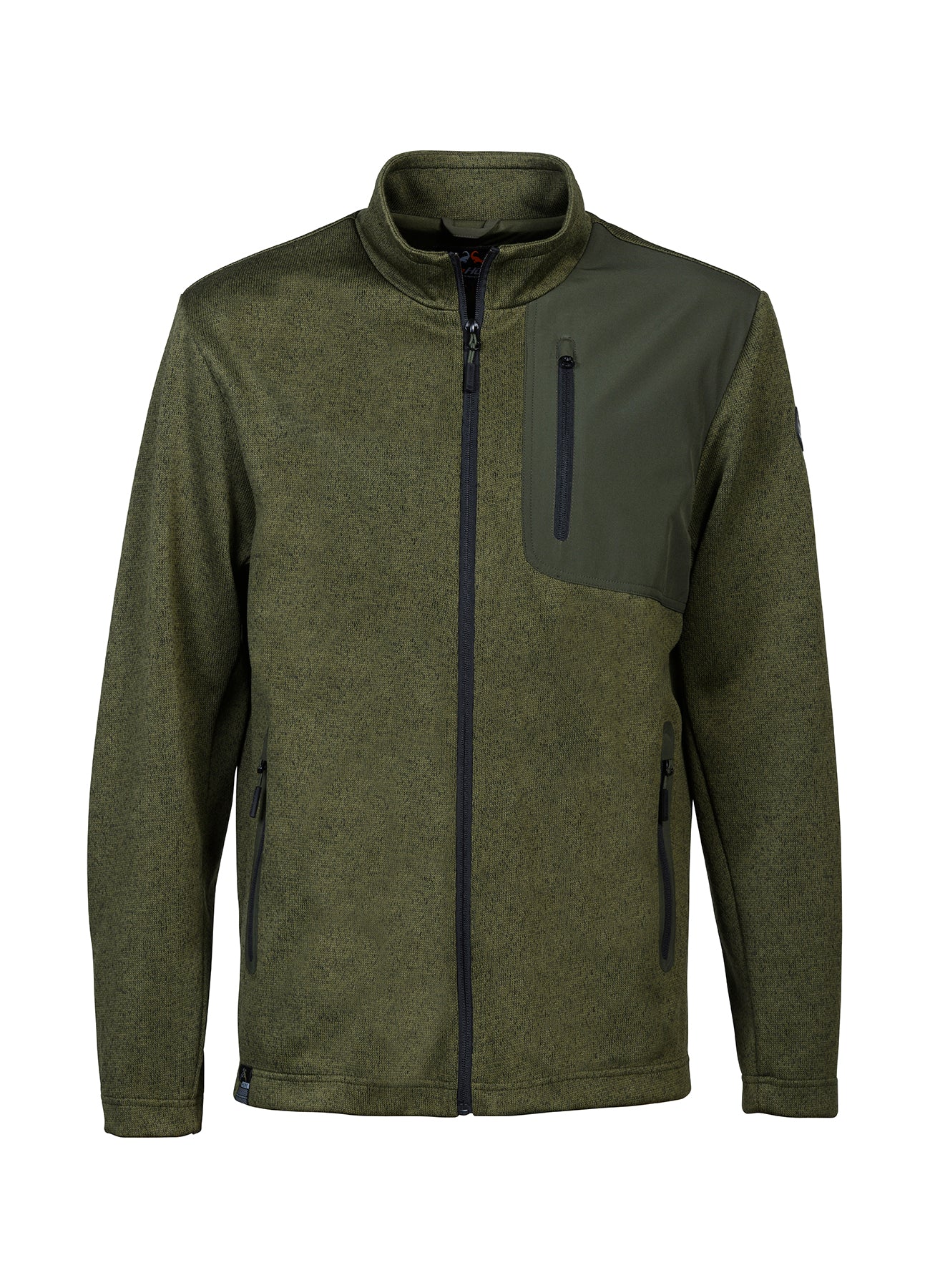 Prohunt Spitz men's windproof hunting jacket in khaki green, showing the zippered chest pocket and protective high collar design.