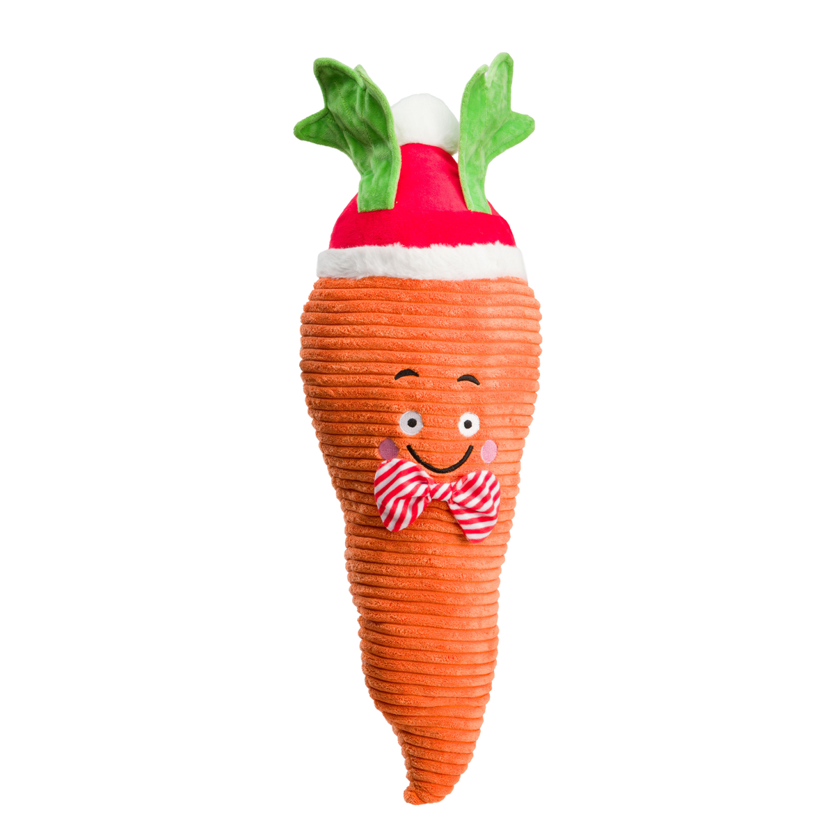 House of Paws Jumbo Carrot plush Christmas dog toy wearing a Santa hat and bow tie