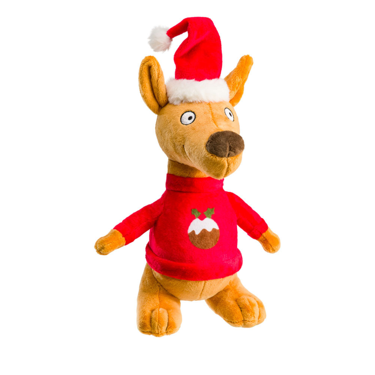 House of Paws Kangaroo plush Christmas dog toy wearing a red Christmas pudding sweater and Santa hat