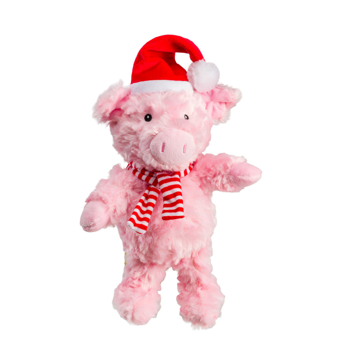House of Paws Snuggly Pig plush Christmas dog toy wearing a Santa hat and scarf