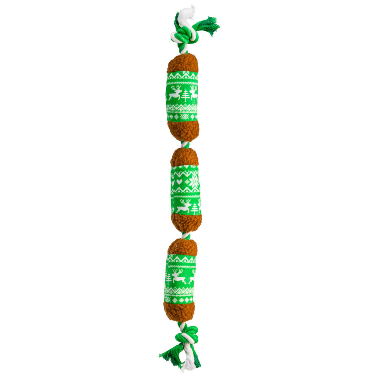 House of Paws Christmas Best Sausages plush dog toy on a knotted rope with green Fair Isle jumpers