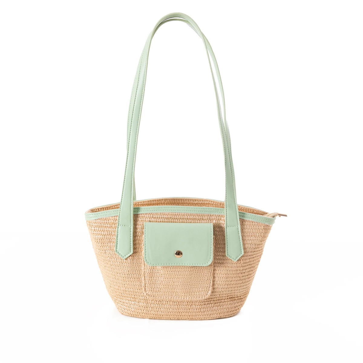 Park Lane Barbados Shoulder Bag in woven straw finish with light trim, twin straps, and front snap pocket