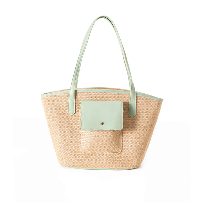 Park Lane Cannes Tote Bag in natural woven straw material with smooth contrast PU straps and front press-stud pocket